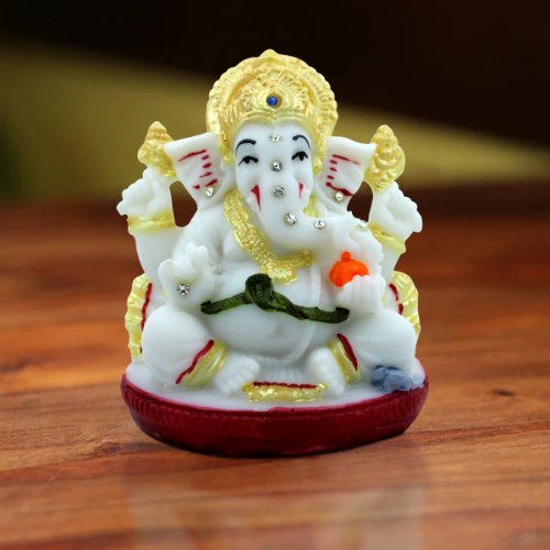 Car Dashboard Idols Small Lord Ganesha Sitting White Color Idol With Golden Ornaments for Home Decor Home Decor Showpiece and Gifts by HomeDecorKart and Karigaari India