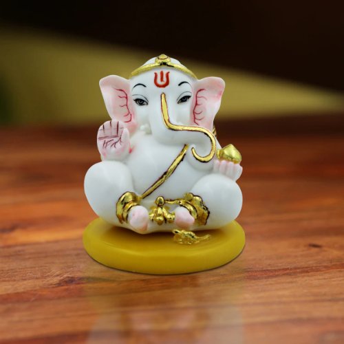 Car Dashboard Idols Small Lord Ganesha Sitting With Holding Modak in Hand White Color Idol for Home Decor Home Decor Showpiece and Gifts by HomeDecorKart and Karigaari India