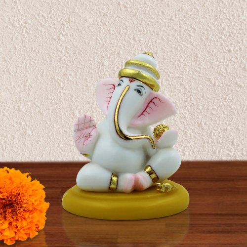 Car Dashboard Idols Sunique Design White Color Lord Ganesha Sitting Idol for Home Decor Home Decor Showpiece and Gifts by HomeDecorKart and Karigaari India