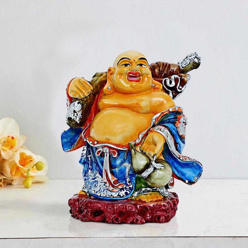 Buddha Idols Handcrafted Ployresin Lord Buddha Standing With Laughing Multicolour Statue Showpiece Home Decor/Office Decor/Spiritual Gift,Blue And White Home Decor Showpiece and Gifts by HomeDecorKart and Karigaari India