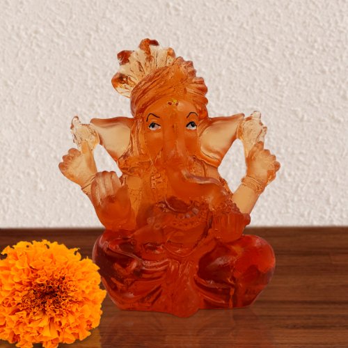 Car Dashboard Idols Lord Ganesha Sitting Idol Crystal Orange Color Best for Home Decor Home Decor Showpiece and Gifts by HomeDecorKart and Karigaari India