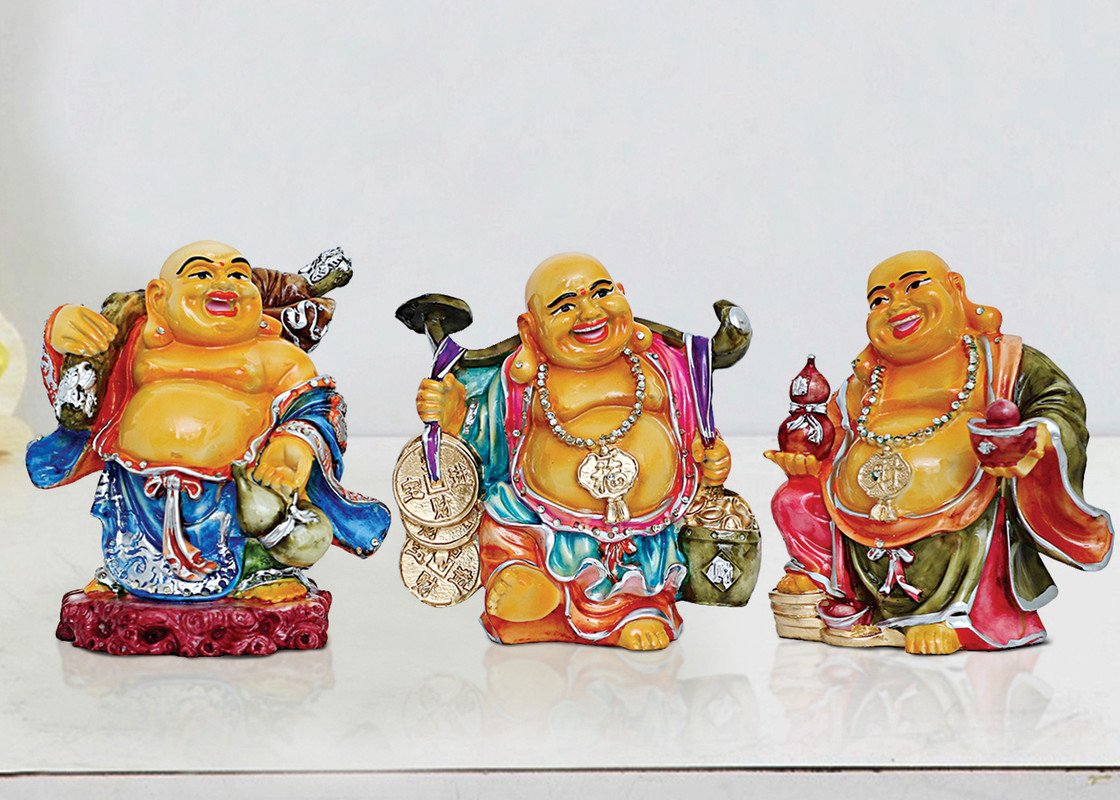 Buddha Idols Handcrafted Ployresin Lord Buddha Three Standing With Laughing Multicolour Statues Showpiece Home Decor/Office Decor/Spiritual Gift Home Decor Showpiece and Gifts by HomeDecorKart and Karigaari India