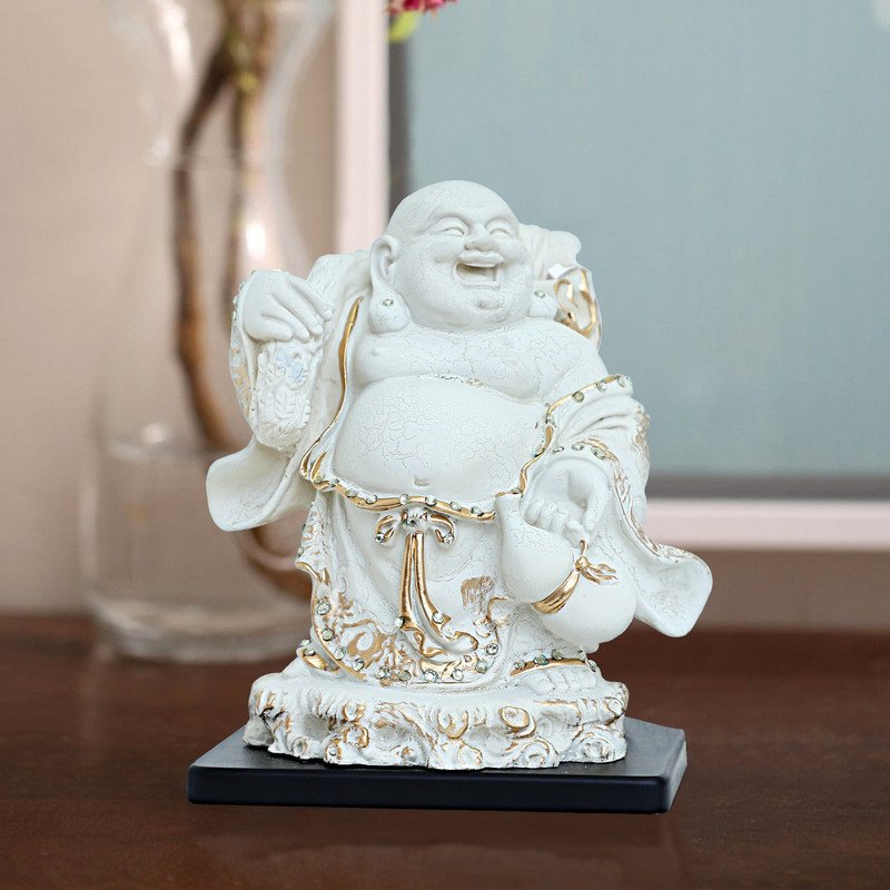 Buddha Idols Handcrafted Ployresin Lord Buddha  Standing With Laughing White Colour With Golden Border Statue Showpiece Home Decor/Office Decor/Spiritual Gift Home Decor Showpiece and Gifts by HomeDecorKart and Karigaari India