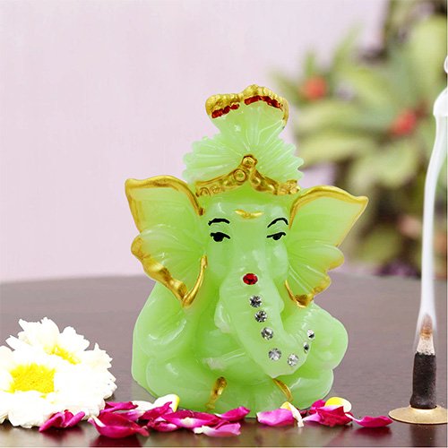 Car Dashboard Idols Small Lord Ganesha Playing Unique Design Crystal Green Color Best for Home Decor Home Decor Showpiece and Gifts by HomeDecorKart and Karigaari India