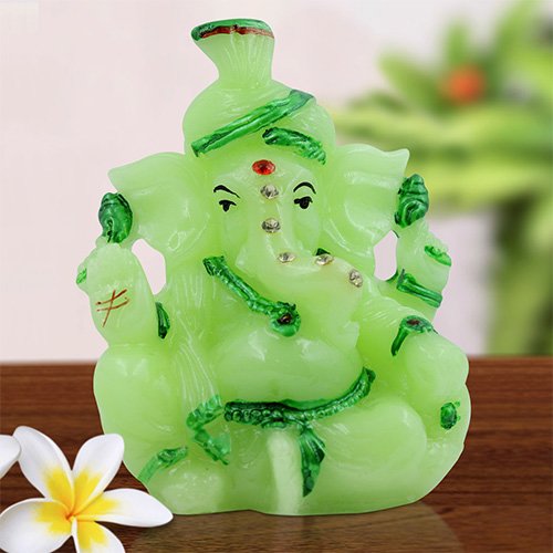 Car Dashboard Idols Unique Lord Ganesha Sitting With One Leg Up Idol Green Color And dark Green Ornaments Best for Home Decor Home Decor Showpiece and Gifts by HomeDecorKart and Karigaari India