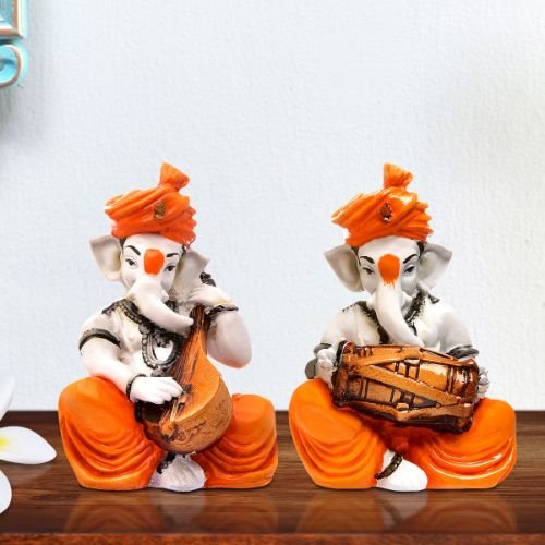 Ganesha Idols Unique Two Lord Ganesha Playing Guitar & Dhol Idol Orange Best for Home Decor Home Decor Showpiece and Gifts by HomeDecorKart and Karigaari India