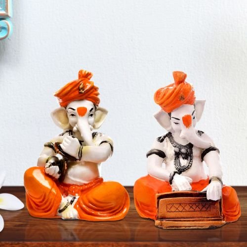 Ganesha Idols Small Unique Two Lord Ganesha Playing Instruments Idol Orange Best for Home Decor Home Decor Showpiece and Gifts by HomeDecorKart and Karigaari India