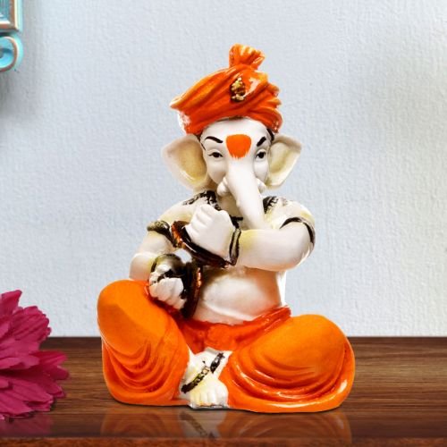 Home Decor Unique Little Lord Ganesha Playing Manjira Idol Orange Best for Home Decor Home Decor Showpiece and Gifts by HomeDecorKart and Karigaari India