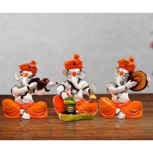 Ganesha Idols Unique Design Three Lord Ganesha Playing Instruments Idol Orange Best for Home Decor Home Decor Showpiece and Gifts by HomeDecorKart and Karigaari India