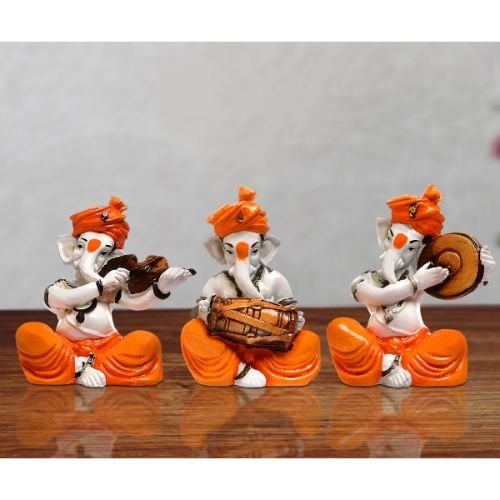 Home Decor Unique Design Three Little Lord Ganesha Playing Instruments Idol Orange Best for Home Decor Home Decor Showpiece and Gifts by HomeDecorKart and Karigaari India