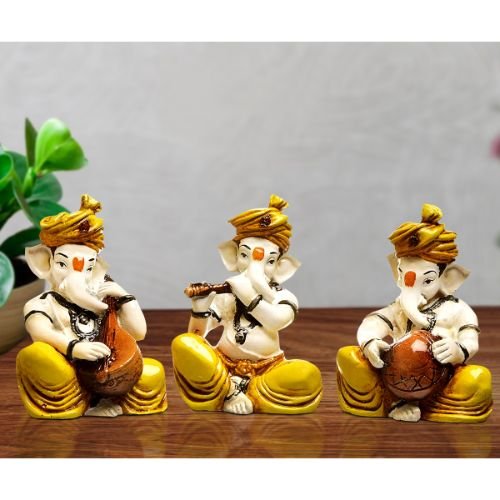 Ganesha Idols Three Little Lord Ganesha Playing Instruments Idol Yellow Color Best for Home Decor Home Decor Showpiece and Gifts by HomeDecorKart and Karigaari India