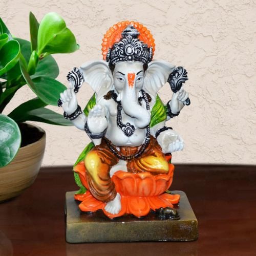 Ganesha Idols Lord Ganesha Idol Sitting On Lotus Orange Color Best for Home Decor Home Decor Showpiece and Gifts by HomeDecorKart and Karigaari India