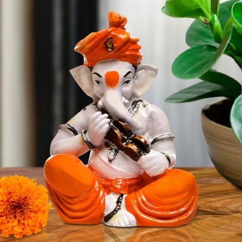 Ganesha Idols Unique Design Little Lord Ganesha Playing Instruments Idol Orange Best Item for Home Decor Home Decor Showpiece and Gifts by HomeDecorKart and Karigaari India