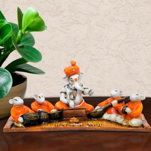 Ganesha Idols Unique Design Little Lord Ganesha Playing Instruments With Mouse Idol Orange Best Item for Home Decor Home Decor Showpiece and Gifts by HomeDecorKart and Karigaari India