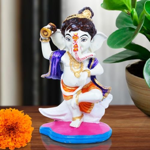 Ganesha Idols Unique Design Lord Ganesha Stanting & Playing Damroo Multicolor Best Item for Home Decor Home Decor Showpiece and Gifts by HomeDecorKart and Karigaari India