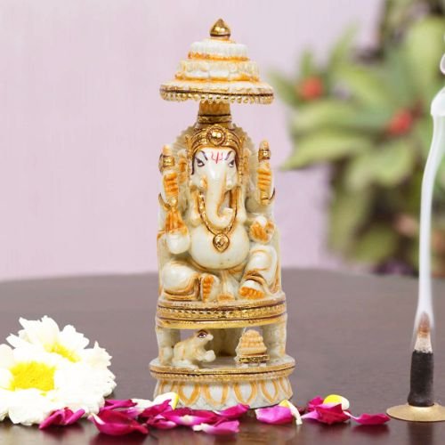 Ganesha Idols Unique Design Lord Ganesh Idol White Color with Golden Ornaments Best Item for Home Decor Home Decor Showpiece and Gifts by HomeDecorKart and Karigaari India