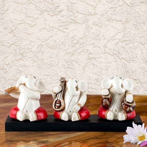 Ganesha Idols Small Three Lord Ganesha Idol Playing Instruments Best & Unique Design White for Home Decor Home Decor Showpiece and Gifts by HomeDecorKart and Karigaari India