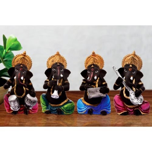 Ganesha Idols Unique Design Four Little Lord Ganesha Playing Instruments Idol Black Color Best Item for Home Decor Home Decor Showpiece and Gifts by HomeDecorKart and Karigaari India