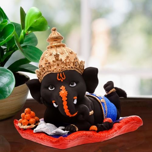 Ganesha Idols Unique Little Lord Ganesha Sleeping Idol Black Color Best Item for Home Decor Home Decor Showpiece and Gifts by HomeDecorKart and Karigaari India