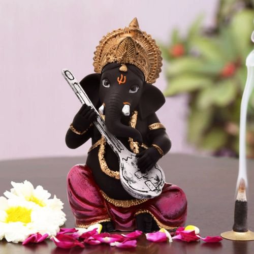 Ganesha Idols Unique Little Lord Ganesha Playing Guitar Idol Black Color Best Item for Home Decor Home Decor Showpiece and Gifts by HomeDecorKart and Karigaari India