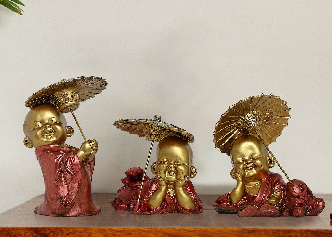 Buddha Idols Handcrafted Ployresin Lord Buddha Golden Statue With Umbrella Showpiece Home Decor/Office Decor/Spiritual Gift, Three Pieces Home Decor Showpiece and Gifts by HomeDecorKart and Karigaari India