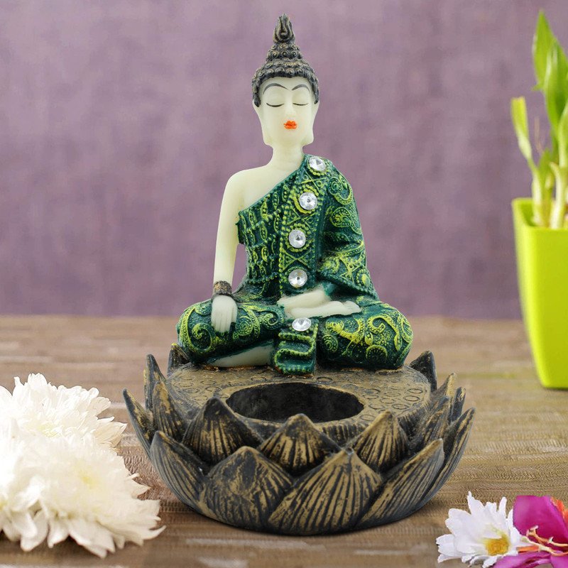 Buddha Idols Handcrafted Ployresin Lord Buddha Sitting On Lotus Statue Showpiece Home Decor/Office Decor/Spiritual Gift, Green And Brown Home Decor Showpiece and Gifts by HomeDecorKart and Karigaari India