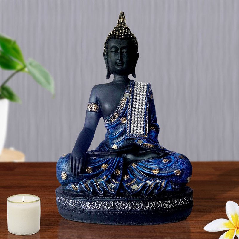 Buddha Idols Handcrafted Ployresin Lord Buddha Black And Blue Colour Meditating Statue Showpiece Home Decor/Office Decor/Spiritual Gift Home Decor Showpiece and Gifts by HomeDecorKart and Karigaari India