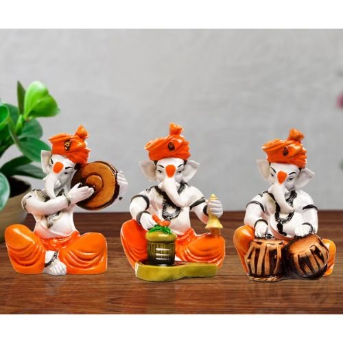 Ganesha Idols Three Little Lord Ganesha Idol Playing Instruments Orange Color Best & Unique Design for Home Decor Home Decor Showpiece and Gifts by HomeDecorKart and Karigaari India