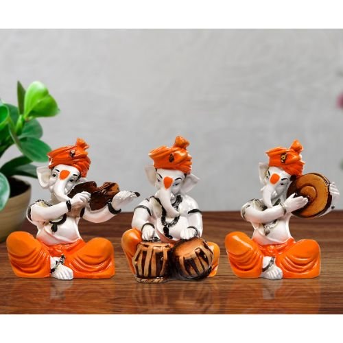 Home Decor Three Lord Ganesha Idol Playing Instruments Best & Unique Design Orange Color for Home Decor Home Decor Showpiece and Gifts by HomeDecorKart and Karigaari India