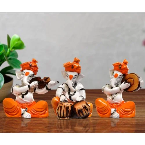 Ganesha Idols Three Lord Ganesha Idol Playing Instruments Best & Unique Design Orange Color for Home Decor Home Decor Showpiece and Gifts by HomeDecorKart and Karigaari India