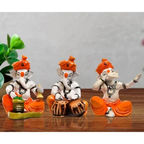 Ganesha Idols Three Lord Ganesha Idol Playing Instruments Best & Unique Design Orange for Home Decor Home Decor Showpiece and Gifts by HomeDecorKart and Karigaari India