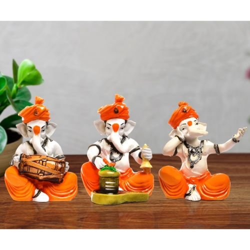 Ganesha Idols Small Three Lord Ganesha Idol Playing Instruments Best & Unique Design Orange for Home Decor Home Decor Showpiece and Gifts by HomeDecorKart and Karigaari India