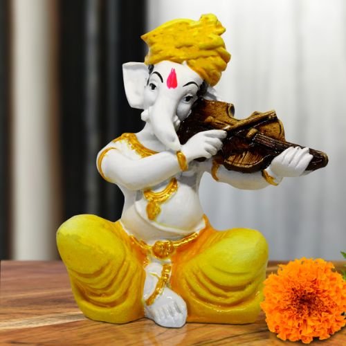 Ganesha Idols Small Lord Ganesha Idol Playing Instruments Best & Unique Design Yellow for Home Decor Home Decor Showpiece and Gifts by HomeDecorKart and Karigaari India