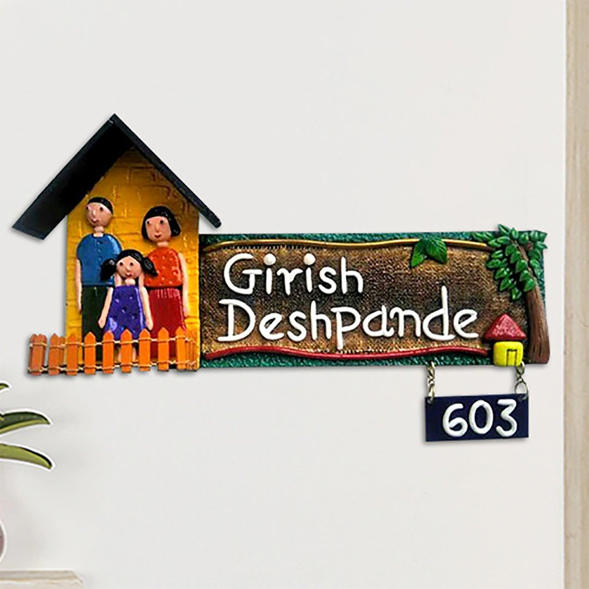 Home Decor Family Hut Durable Personalized Wooden Name Plate for House Sturdy Stylish Home Decor Showpiece and Gifts by HomeDecorKart and Karigaari India