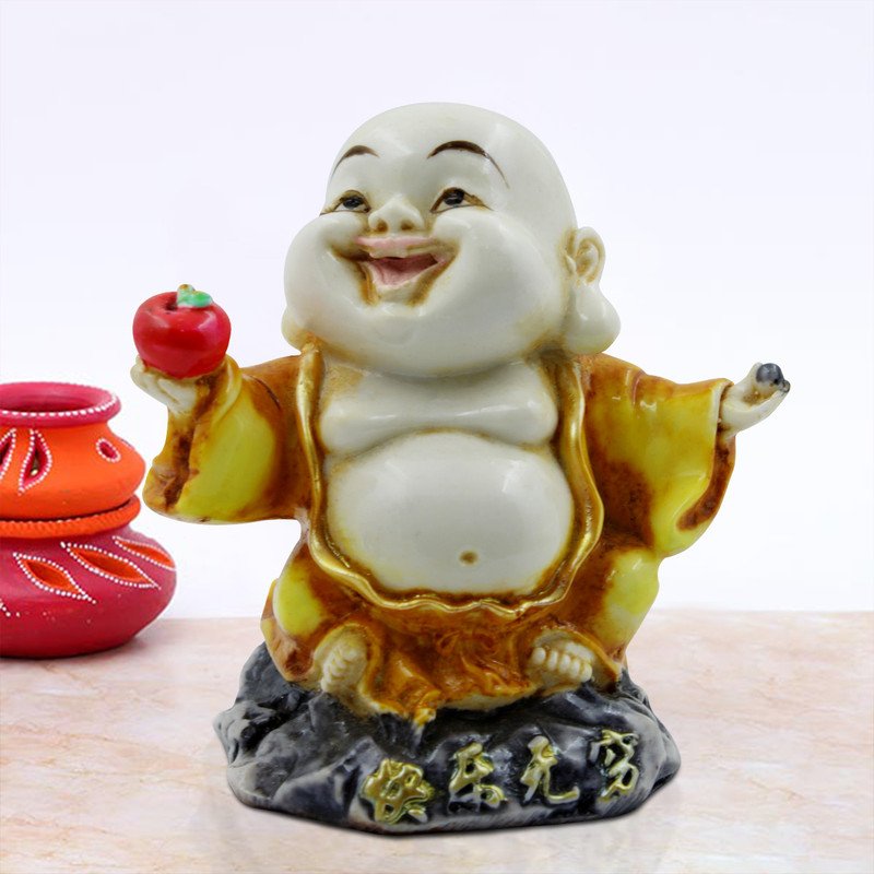 Buddha Idols Handcrafted Ployresin Lord Buddha Laughing And Standing With Taking Apple in Hand White And Yellow Statue Showpiece Home Decor/Office Decor/Spiritual Gift Home Decor Showpiece and Gifts by HomeDecorKart and Karigaari India