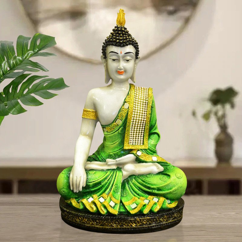 Buddha Idols Handcrafted Ployresin Golden And Green Colour Sitting Lord Buddha Statue Showpiece Home Decor/Office Decor/Spiritual Gift Home Decor Showpiece and Gifts by HomeDecorKart and Karigaari India