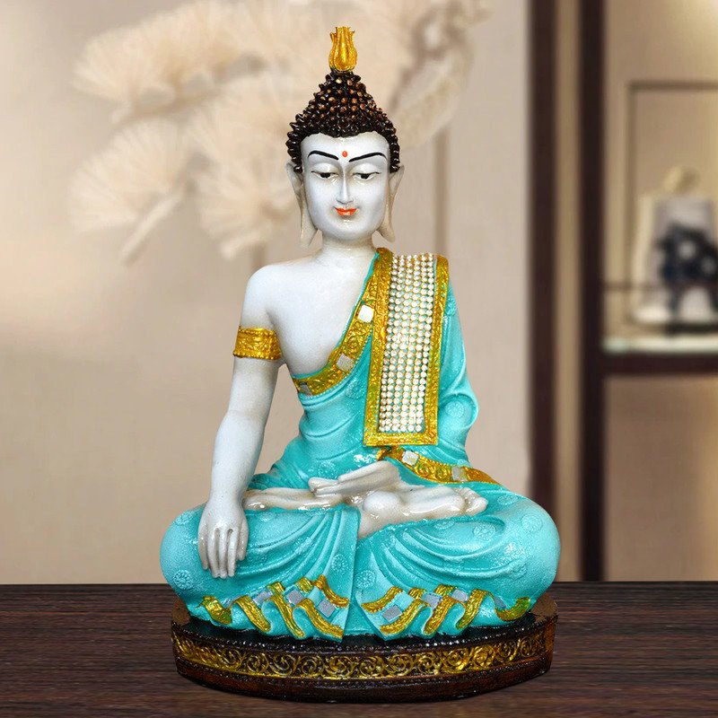 Buddha Idols Handcrafted Ployresin Golden And Sky Blue Colour Sitting Lord Buddha Statue Showpiece Home Decor/Office Decor/Spiritual Gift Home Decor Showpiece and Gifts by HomeDecorKart and Karigaari India