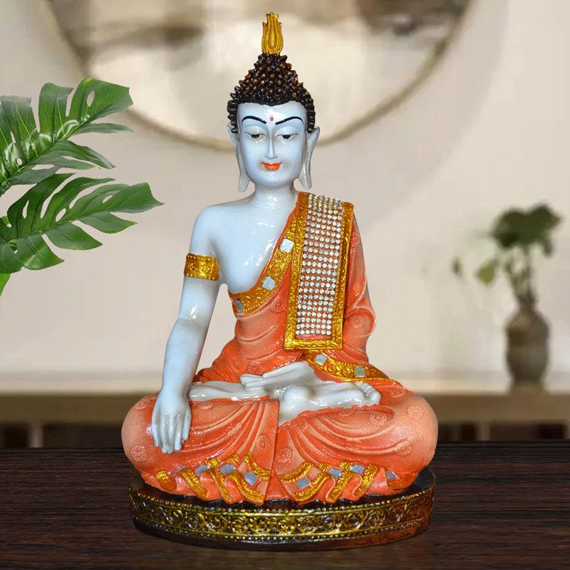 Buddha Idols Handcrafted Ployresin Golden And Orange Colour Sitting Lord Buddha Statue Showpiece Home Decor/Office Decor/Spiritual Gift Home Decor Showpiece and Gifts by HomeDecorKart and Karigaari India