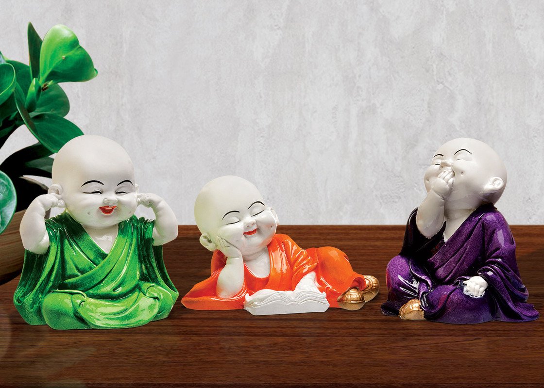 Buddha Idols Handcrafted Ployresin Three Laughing Lord Buddha Statues Showpiece Home Decor/Office Decor/Spiritual Gift, Multicolour Home Decor Showpiece and Gifts by HomeDecorKart and Karigaari India