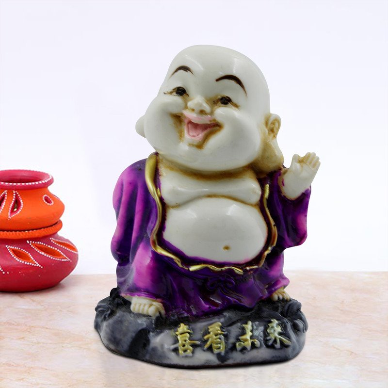 Buddha Idols Handcrafted Ployresin Lord Buddha Laughing And Standing  White And Purple Statue Showpiece Home Decor/Office Decor/Spiritual Gift Home Decor Showpiece and Gifts by HomeDecorKart and Karigaari India