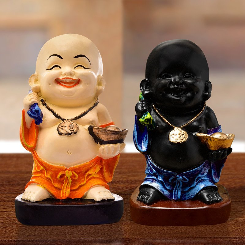 Buddha Idols Handcrafted Ployresin Two Multicolour Standing Laughing  Lord Buddha Statue Showpiece Home Decor/Office Decor/Spiritual Gift Home Decor Showpiece and Gifts by HomeDecorKart and Karigaari India