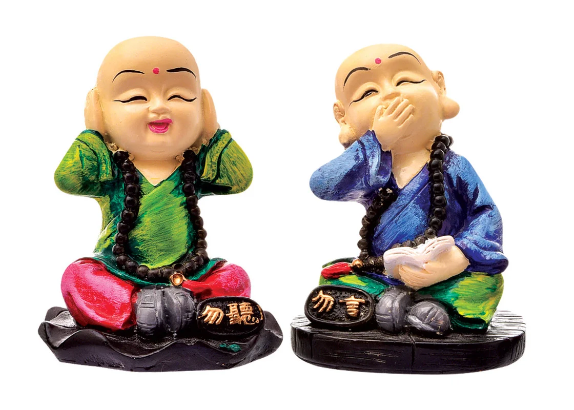 Buddha Idols Handcrafted Ployresin Sitting With Putting Fingers On Ears And Mouth Lord Buddha Statue Multicolour Showpiece Home Decor/Office Decor/Spiritual Gift, Two Pieces Home Decor Showpiece and Gifts by HomeDecorKart and Karigaari India