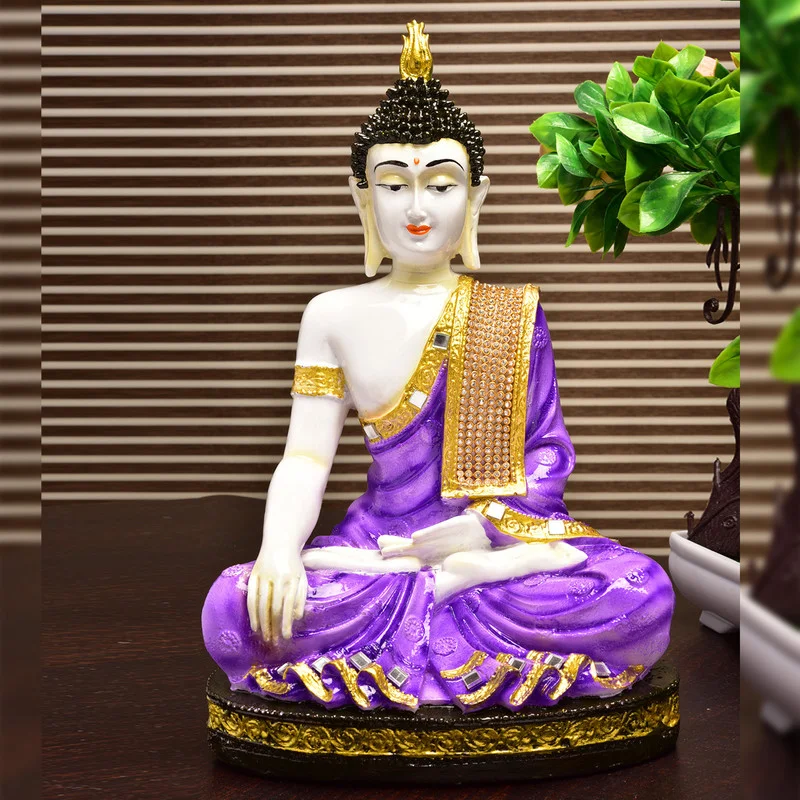 Buddha Idols Handcrafted Ployresin Lord Buddha Purple Colour Meditating Sitting Statue Sitting On Golden Colour Table Showpiece Home Decor/Office Decor/Spiritual Gift Home Decor Showpiece and Gifts by HomeDecorKart and Karigaari India