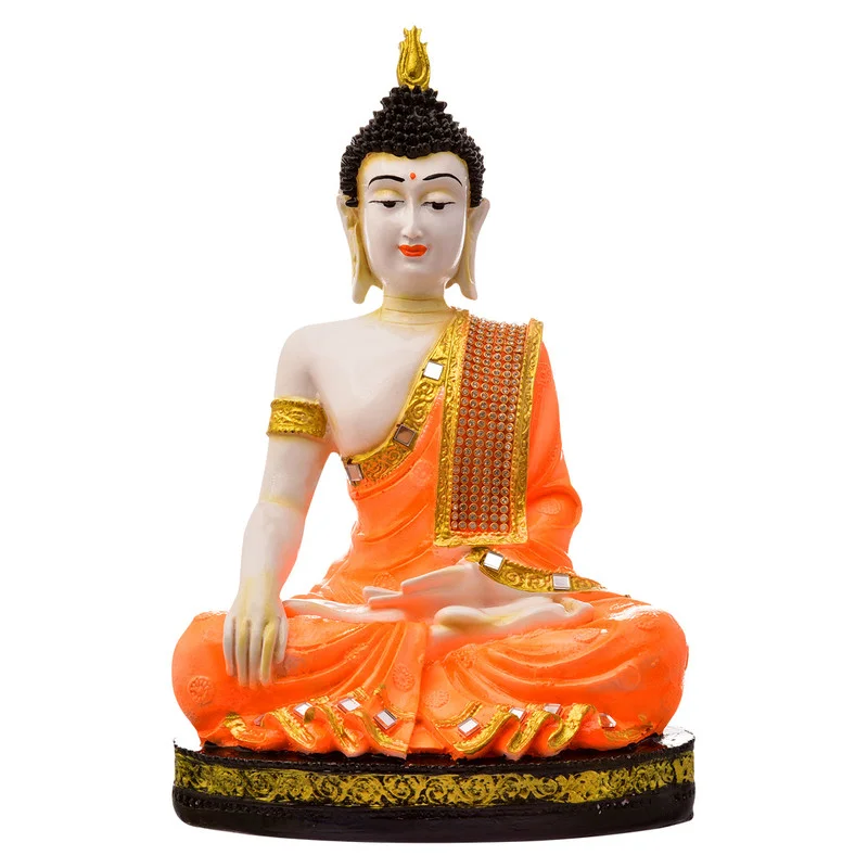 Buddha Idols Handcrafted Ployresin Lord Buddha Meditating Statue Sitting On Golden Colour Table Showpiece Home Decor/Office Decor/Spiritual Gift, Orange Colour Home Decor Showpiece and Gifts by HomeDecorKart and Karigaari India