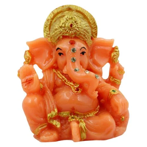 Car Dashboard Idols Lord Ganesha sitting Wearing Golden Crown Orange Colour Idol for Home Decor Home Decor Showpiece and Gifts by HomeDecorKart and Karigaari India