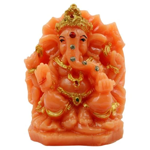 Car Dashboard Idols Lord Ganesha sitting On Sihansan Crown Orange Colour Idol for Home Decor Home Decor Showpiece and Gifts by HomeDecorKart and Karigaari India