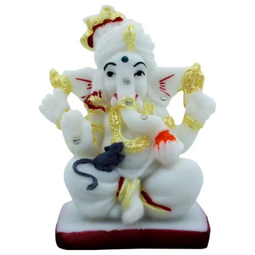 Car Dashboard Idols Lord Ganesha Sitting with Mouse Crystal White Color Idol for Home Decor Home Decor Showpiece and Gifts by HomeDecorKart and Karigaari India