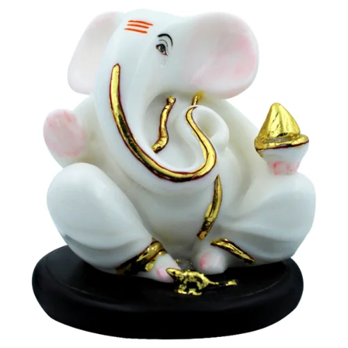 Car Dashboard Idols Small Lord Ganesha Sitting With Holding Golden Modak in Hand White Color Idol for Home Decor Home Decor Showpiece and Gifts by HomeDecorKart and Karigaari India