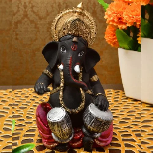 Ganesha Idols Unique Design Little Lord Ganesha Playing Tabla Idol Black Color Best Item for Home Decor Home Decor Showpiece and Gifts by HomeDecorKart and Karigaari India