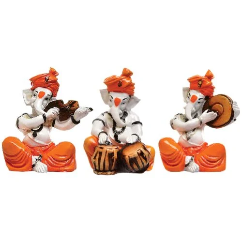 Ganesha Idols Three Lord Ganesha Idol Playing Instruments Best & Unique Design Orange Color for Home Decor Home Decor Showpiece and Gifts by HomeDecorKart and Karigaari India